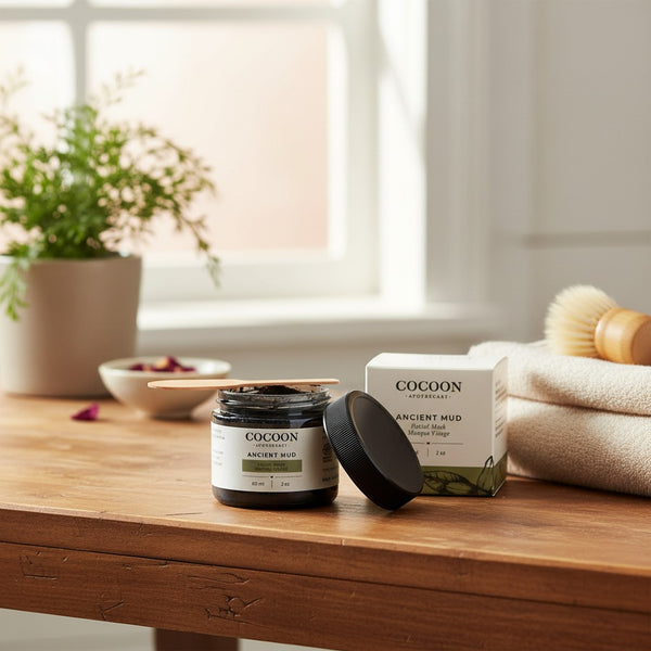Oh Canada Gifts Ancient Mud facial mask jar and box on a wooden table with a wooden spatula, plant, and towel.