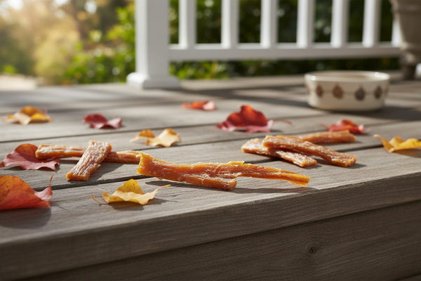 Oh Canada Gifts natural 8-12 inch beef tendon dog chew on a wooden deck with autumn leaves