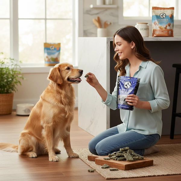 Oh Canada Gifts cod skin chips treat being fed by a woman to her golden retriever in a bright kitchen setting