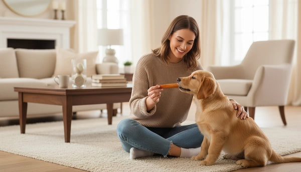 Oh Canada Gifts natural pork skin roll dog chew being fed to a golden retriever puppy by a woman in a living room
