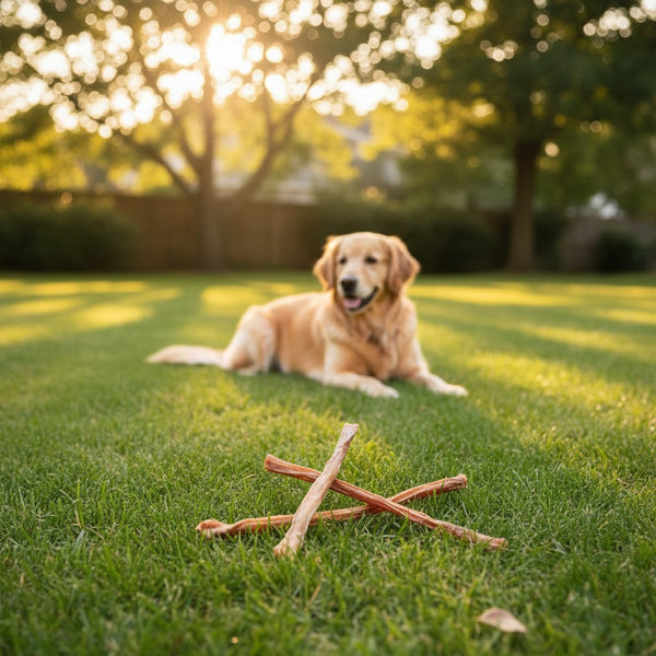 Oh Canada Gifts 9-inch natural veal pizzle stick dog chew on green grass with a golden retriever in the background
