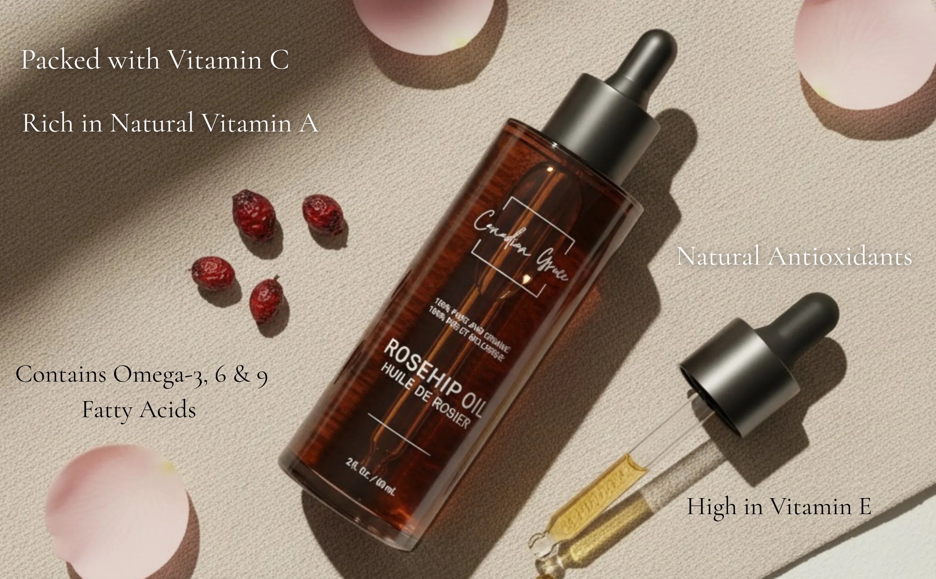 Canadian Grace 100% Organic Rosehip Oil — Huile de Rosier Muscat Biologique 100 % Canadian Grace