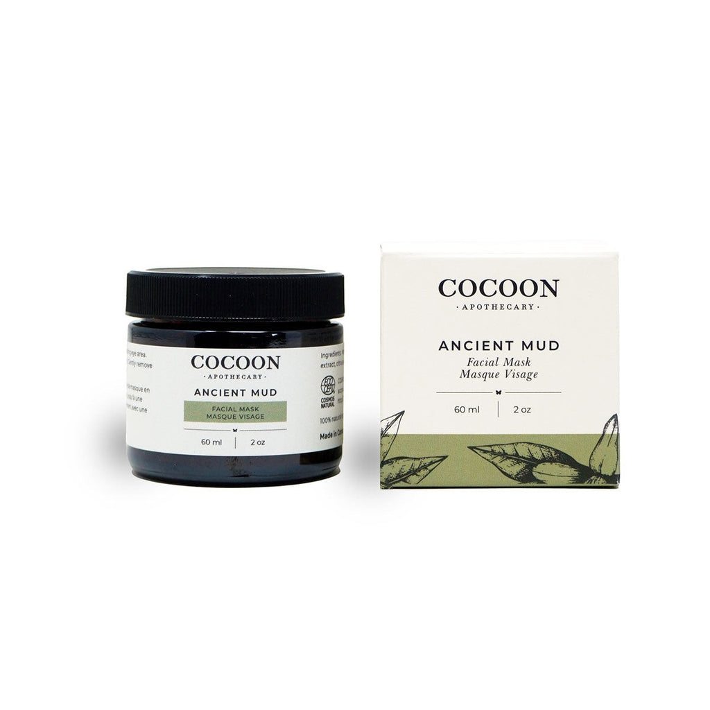 Oh Canada Gifts Cocoon Apothecary Ancient Mud facial mask jar and box with botanical illustrations on white background