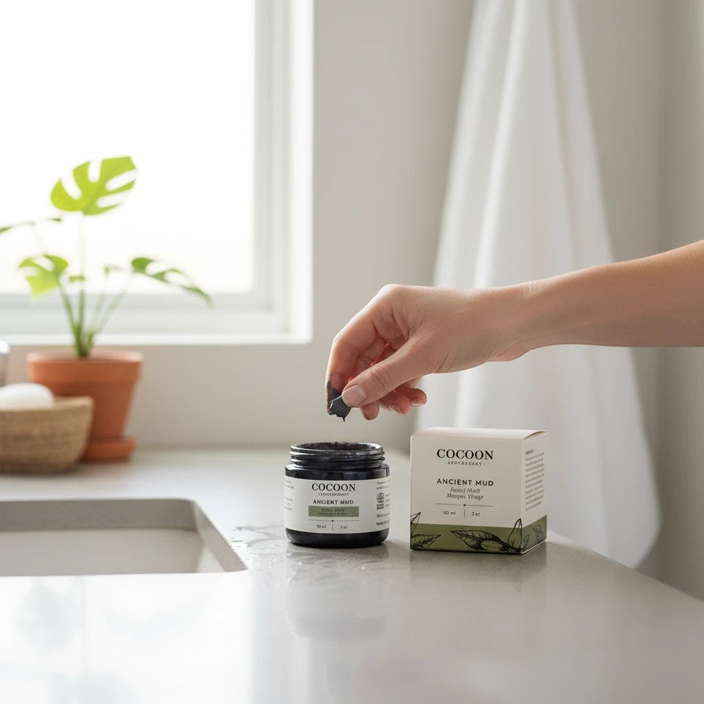 Oh Canada Gifts Cocoon Apothecary Ancient Mud facial mask jar and box on a bathroom counter with a hand applying product