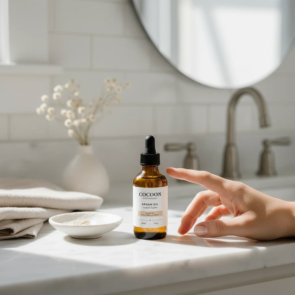 Oh Canada Gifts Argan Facial Oil in an amber glass dropper bottle on a marble bathroom counter with a hand reaching.