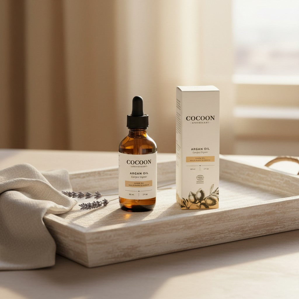 Oh Canada Gifts Argan Facial Oil in a glass dropper bottle and box on a wooden tray with lavender sprigs.