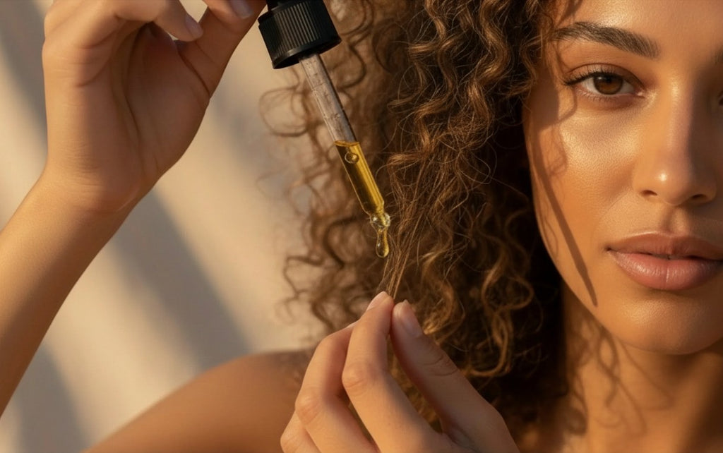 Oh Canada Gifts organic argan oil being applied to curly hair with a glass dropper for hydration and shine