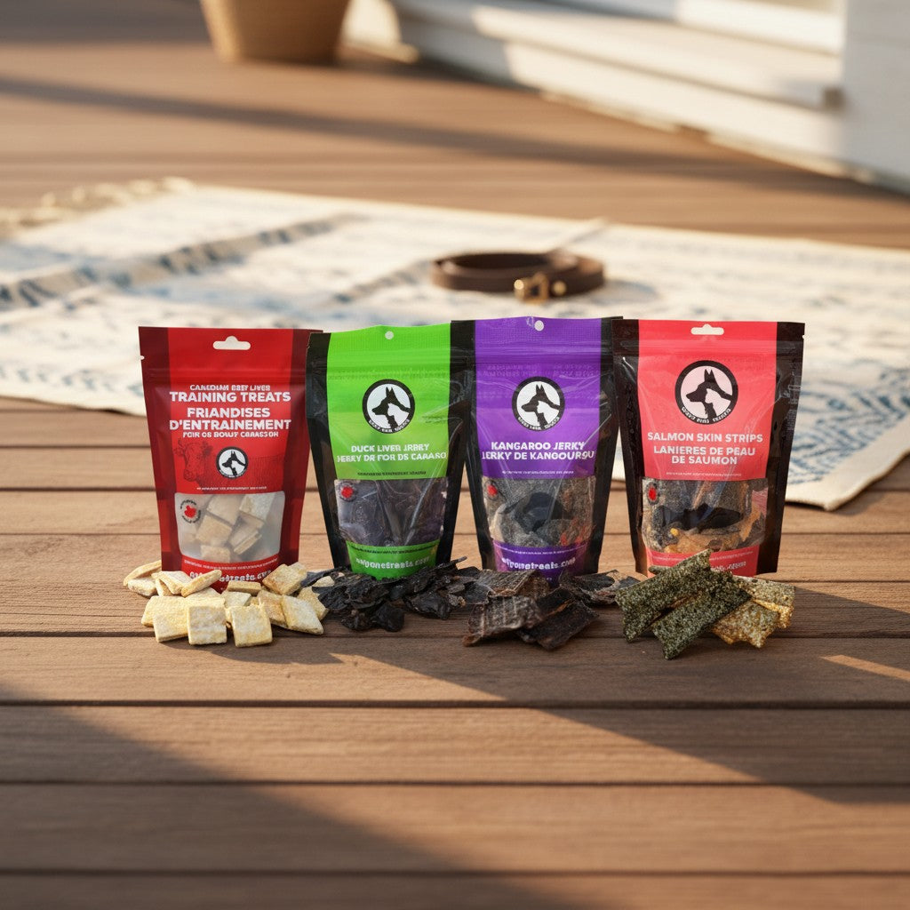 Oh Canada Gifts From Our Kitchen Box featuring four bags of assorted Canadian-made natural dog treats on a wooden deck.