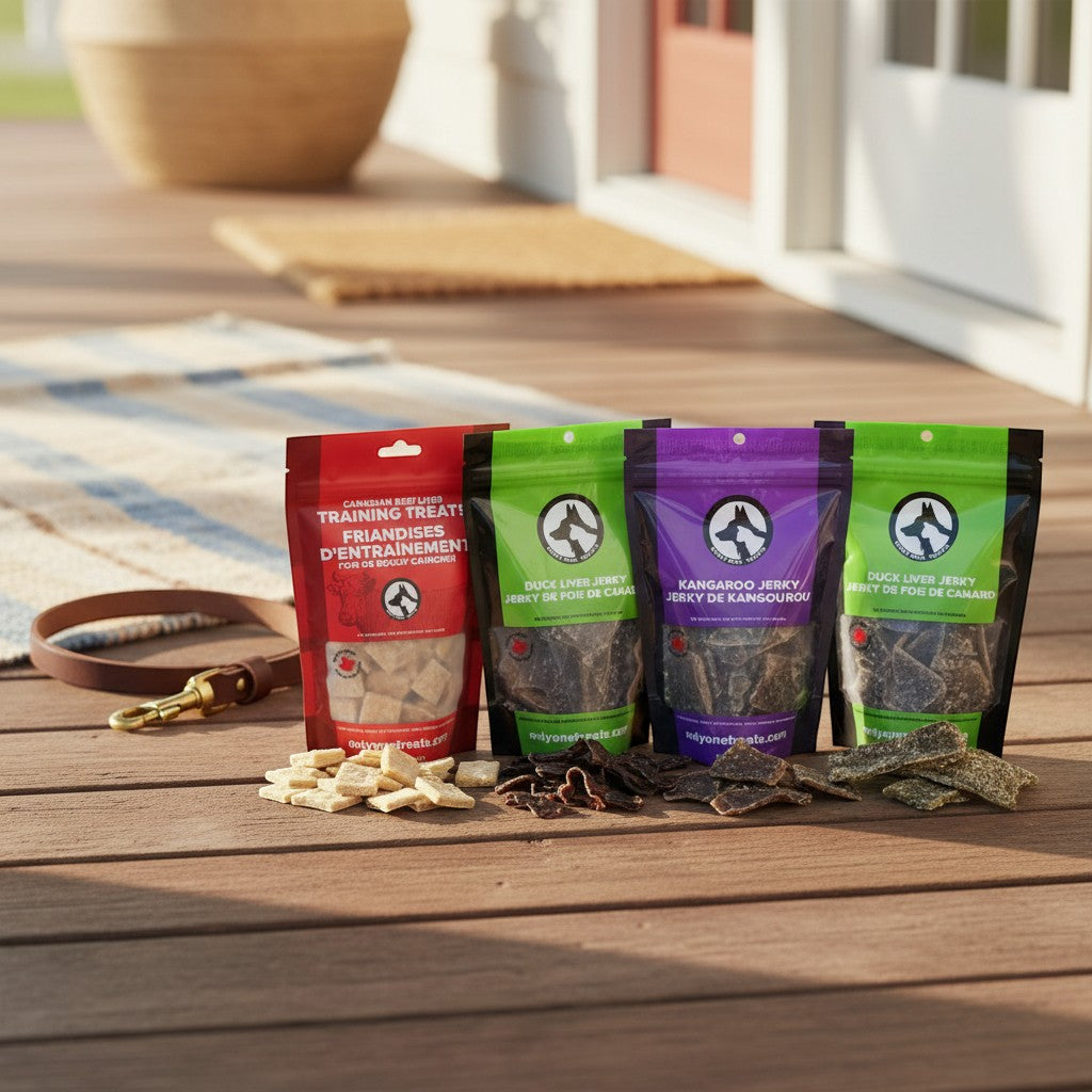 Oh Canada Gifts From Our Kitchen Box featuring four bags of assorted Canadian-made single-ingredient pet treats.