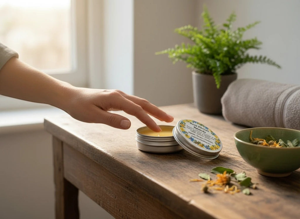 Oh Canada Gifts Back Kitchen Heritage Salve in a metal tin being applied by hand on a rustic wooden table with herbs.