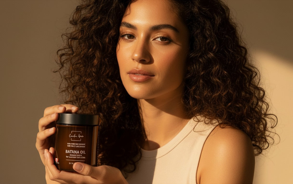 Oh Canada Gifts model holding a jar of raw organic Batana Oil for hair and skin care in warm sunlight