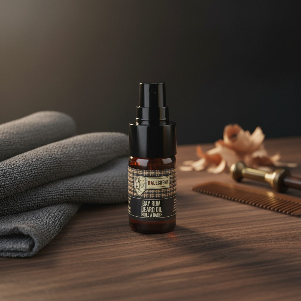 Oh Canada Gifts Bay Rum beard oil in an amber glass bottle with a pump, set on a wooden table with a grey towel and comb.