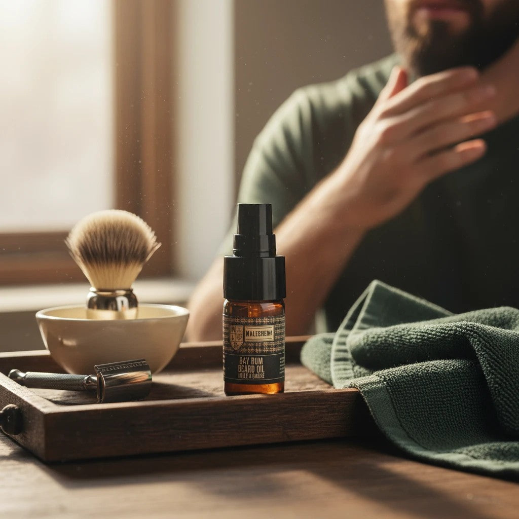 Oh Canada Gifts Bay Rum beard oil bottle on a wooden tray with a shaving brush and razor, man grooming in background.