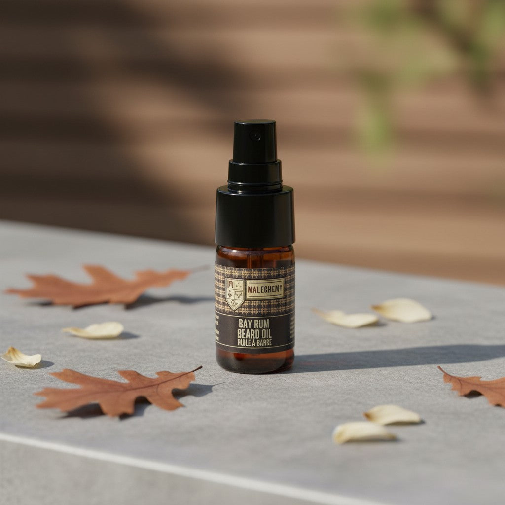 Oh Canada Gifts Bay Rum beard oil in an amber glass spray bottle surrounded by fallen autumn leaves on a stone surface