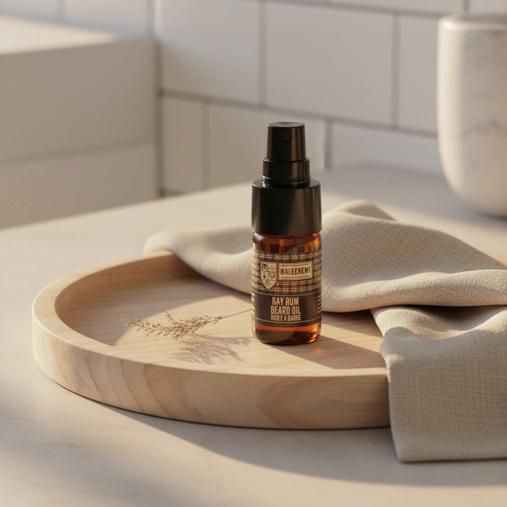 Oh Canada Gifts Bay Rum beard oil in an amber glass bottle on a wooden tray with a linen cloth in a bright bathroom.