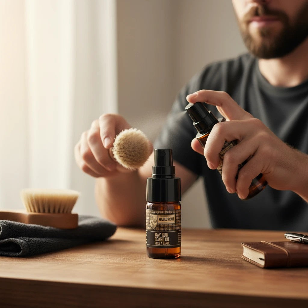 Oh Canada Gifts Bay Rum beard oil in a glass spray bottle with a shaving brush and grooming tools on a wooden table
