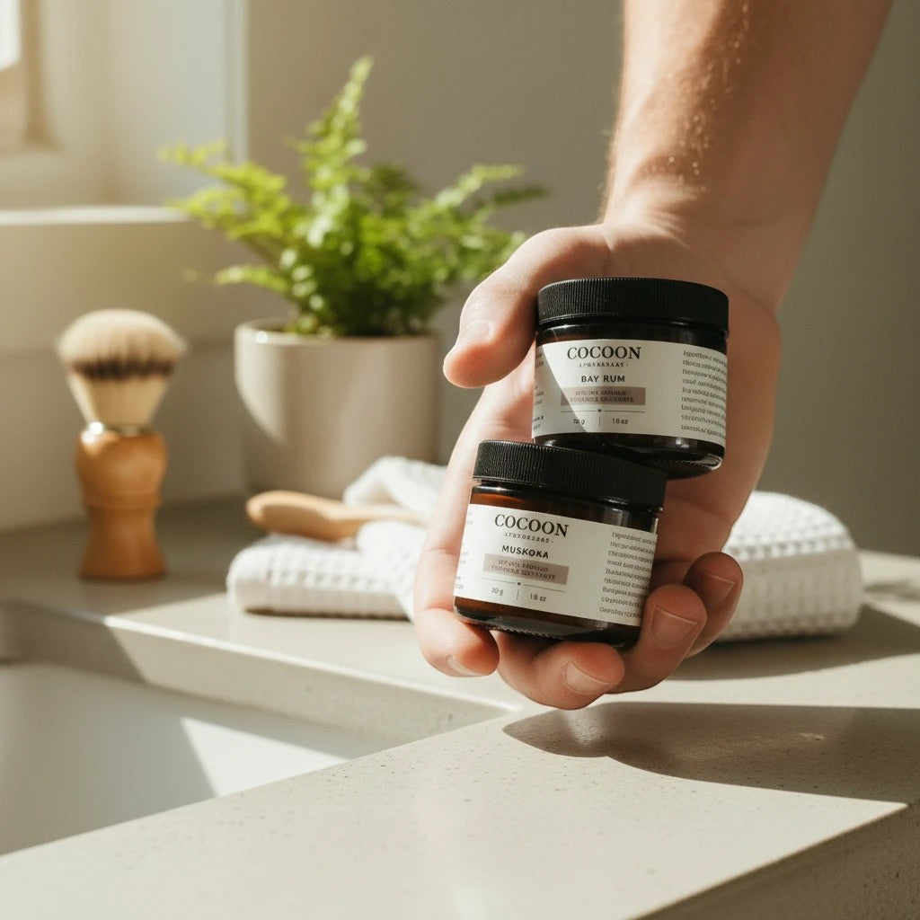 Oh Canada Gifts Cocoon Apothecary Bay Rum styling pomade jars held in hand with a shaving brush in the background.