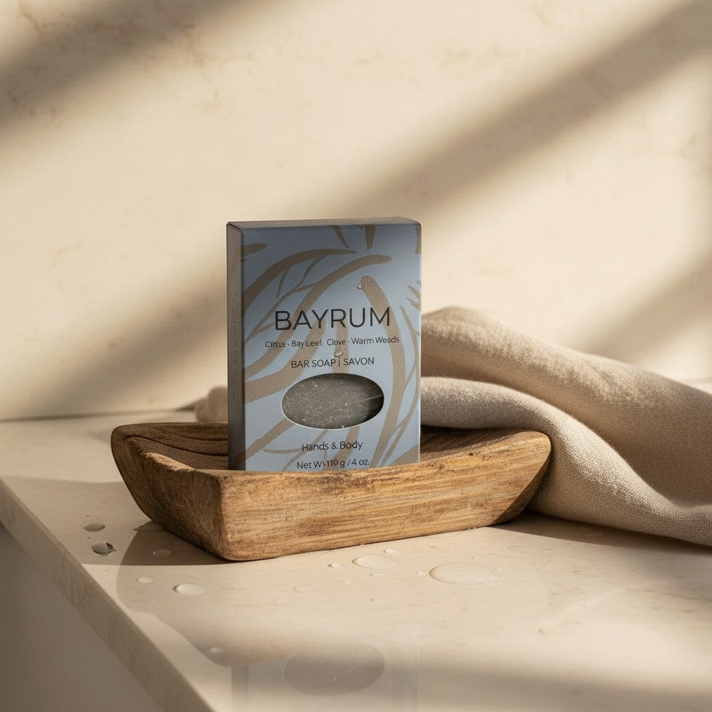 Oh Canada Gifts Bay Rum soap bar in a grey box resting on a rustic wooden soap dish with a beige linen cloth.