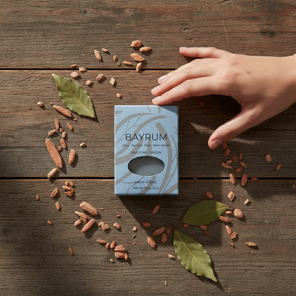 Oh Canada Gifts Bay Rum soap bar in blue packaging on a rustic wooden surface with bay leaves and wood shavings