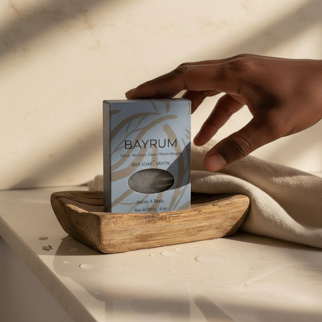Oh Canada Gifts Bay Rum soap bar in a rustic wooden dish with a hand reaching for it on a marble surface.
