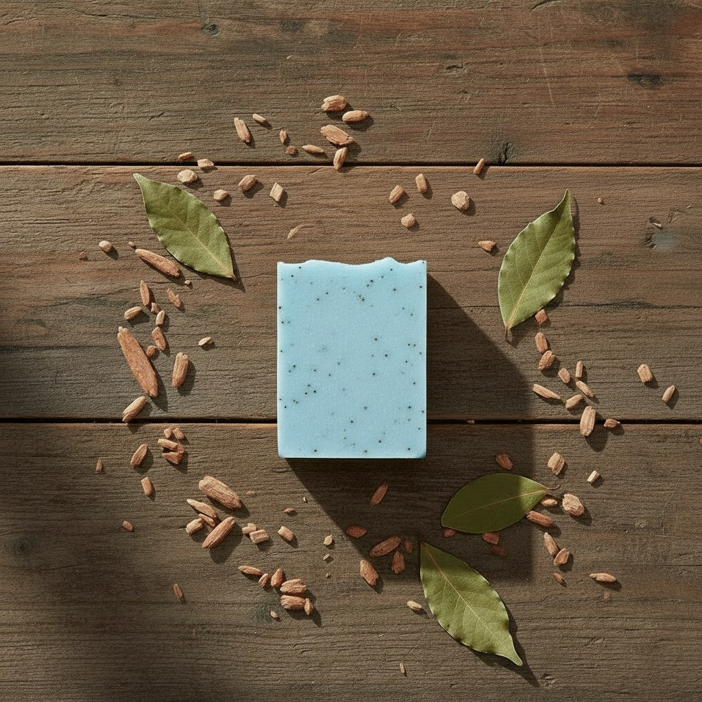 Oh Canada Gifts Bay Rum soap bar on a rustic wooden surface surrounded by bay leaves and spices.