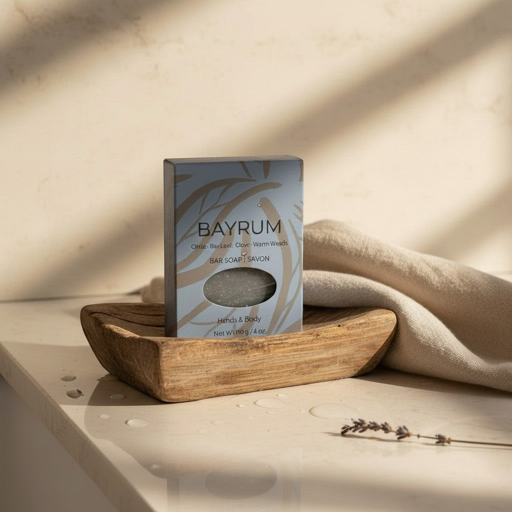 Oh Canada Gifts Bay Rum soap bar in decorative packaging resting on a rustic wooden soap dish with a linen cloth.