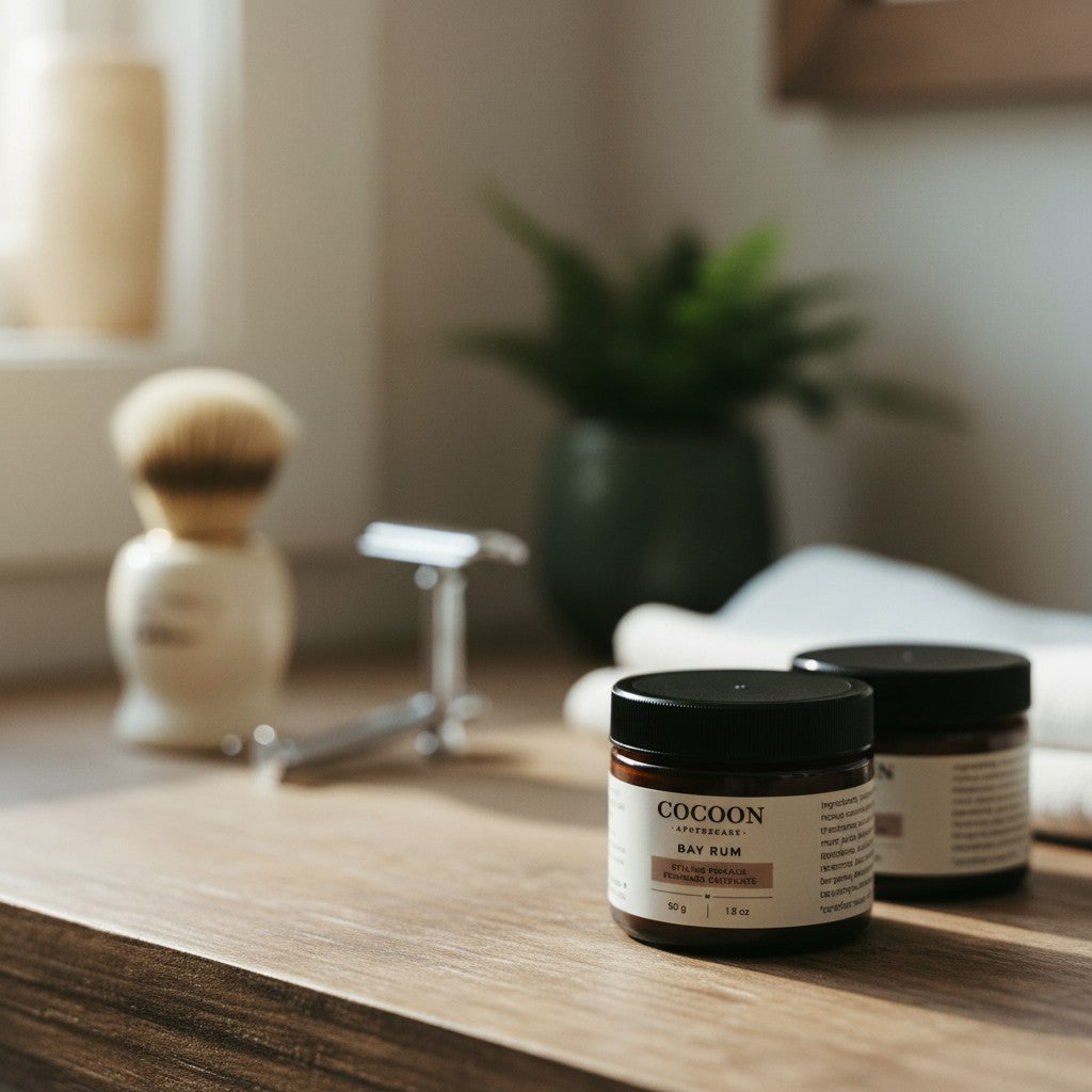 Oh Canada Gifts Cocoon Apothecary Bay Rum styling pomade jars on a wooden bathroom counter with a shaving brush and razor.