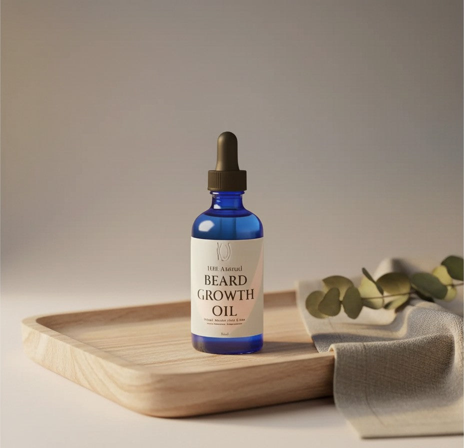Oh Canada Gifts beard growth oil in a blue glass dropper bottle on a wooden tray with a linen cloth.