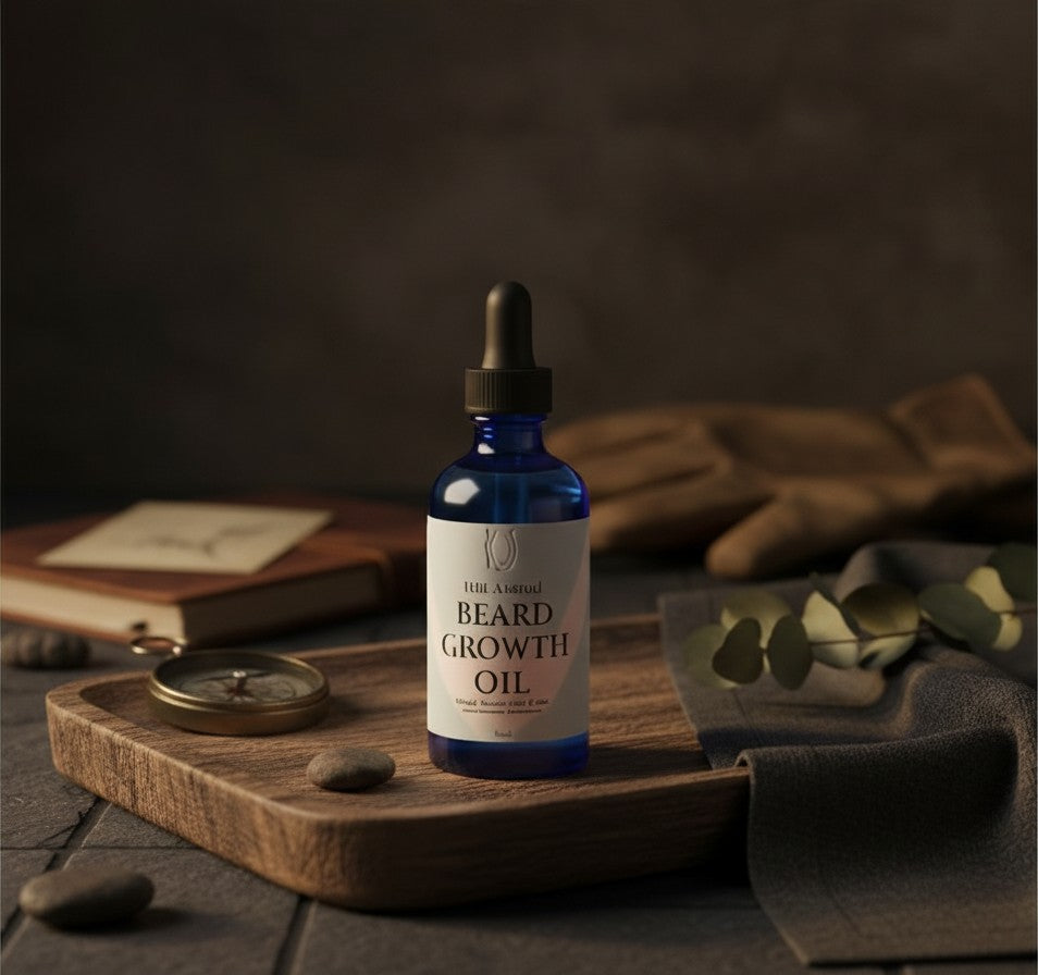 Oh Canada Gifts handcrafted beard oil in a blue glass dropper bottle on a wooden tray with a compass and gloves.
