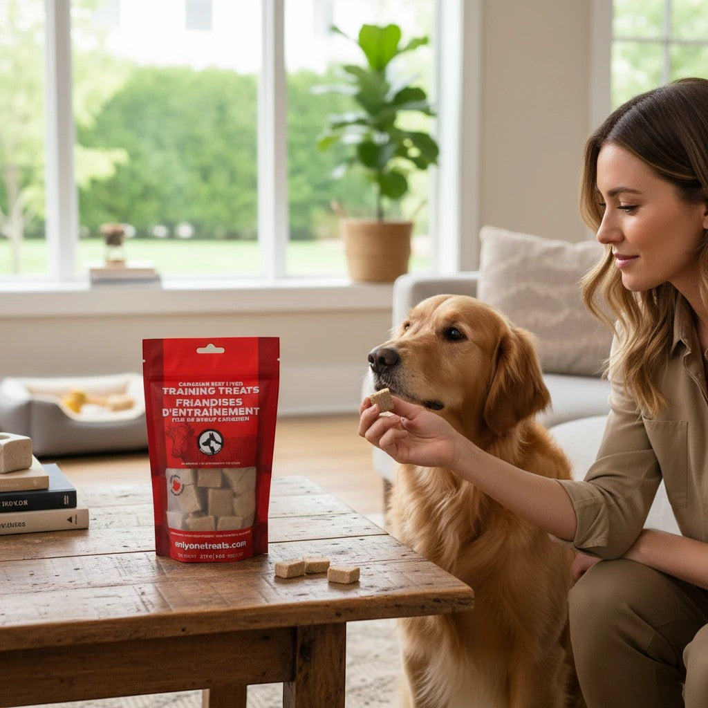 Oh Canada Gifts beef liver training treats in a red bag being fed to a golden retriever by a woman in a bright room