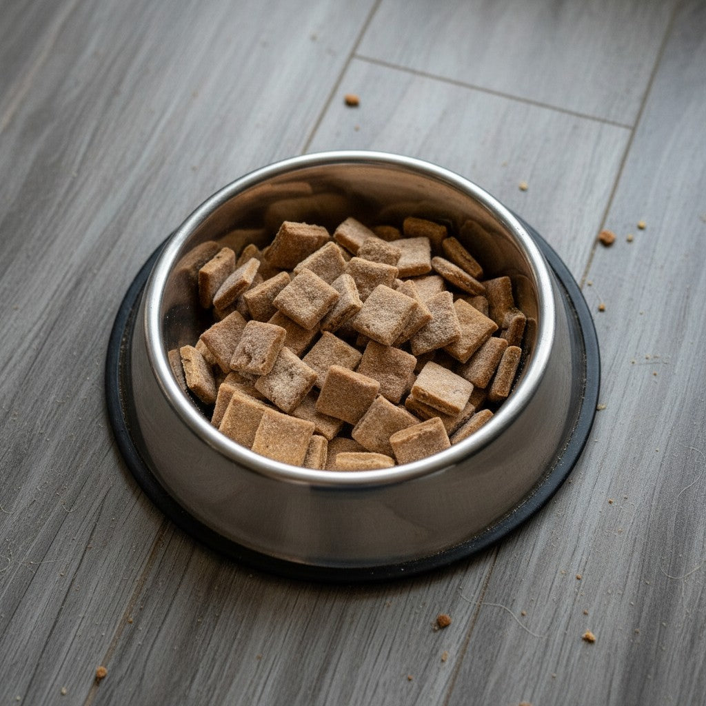 Oh Canada Gifts soft square beef liver training treats for dogs in a stainless steel bowl on a grey wood floor.