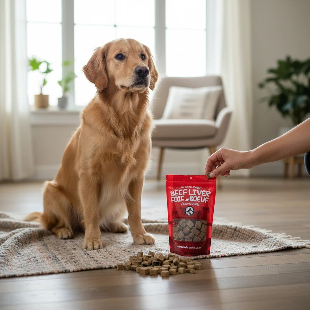 Oh Canada Gifts freeze-dried beef liver treats for dogs and cats in a red bag with a golden retriever sitting nearby