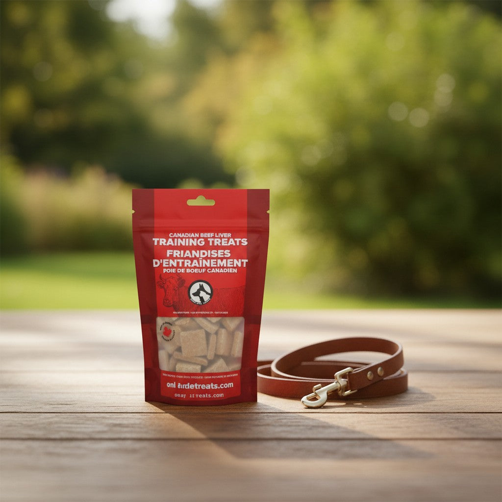 Oh Canada Gifts beef liver training treats in a red pouch on a wooden table with a brown leather dog leash.