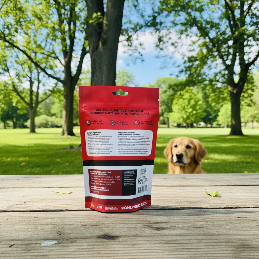 Oh Canada Gifts beef liver dog training treats bag on a wooden table with a golden retriever in the park background