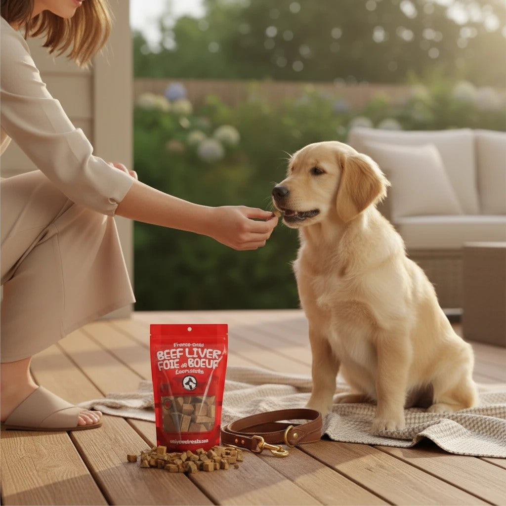 Oh Canada Gifts freeze-dried beef liver treats being fed to a golden retriever puppy on a wooden deck