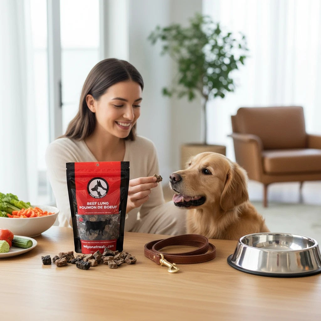 Oh Canada Gifts beef lung dog treats in a red bag with a woman feeding her golden retriever at a wooden table.