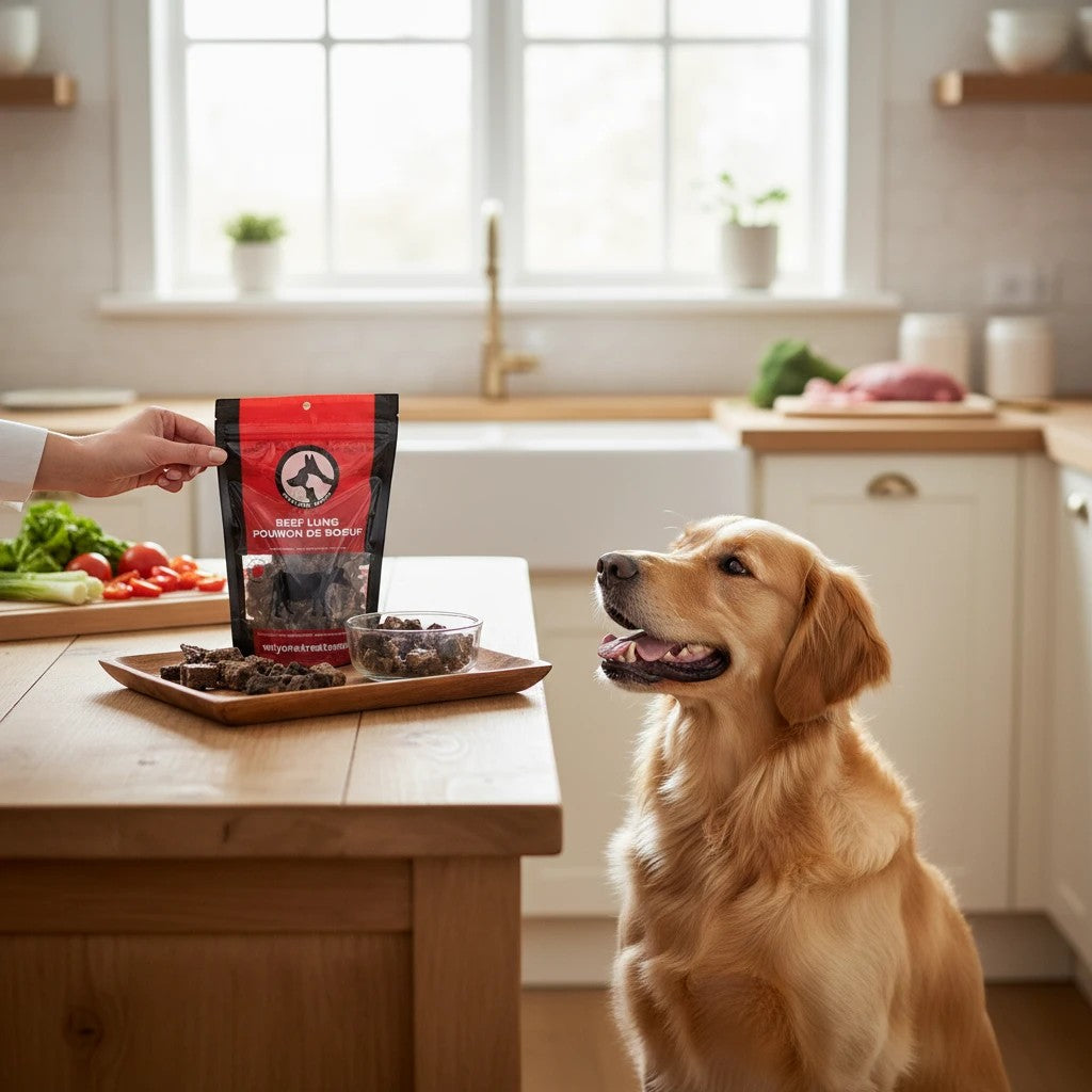 Oh Canada Gifts beef lung dog treats in a bag held by a hand, with a golden retriever waiting in a bright kitchen.