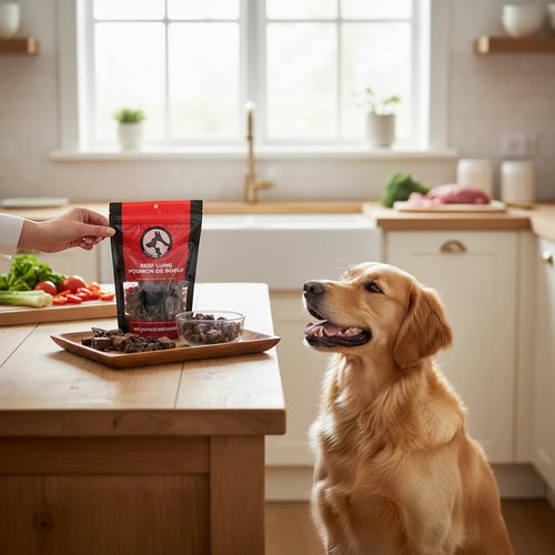 Oh Canada Gifts beef lung dog treats in a bag held by a hand, with a golden retriever waiting in a bright kitchen.