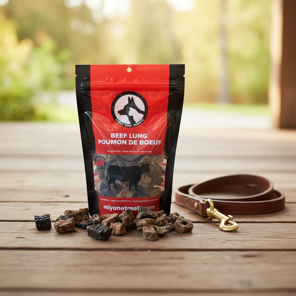 Oh Canada Gifts beef lung dog treats in a red and black bag with crunchy pieces on a wooden surface with a leash