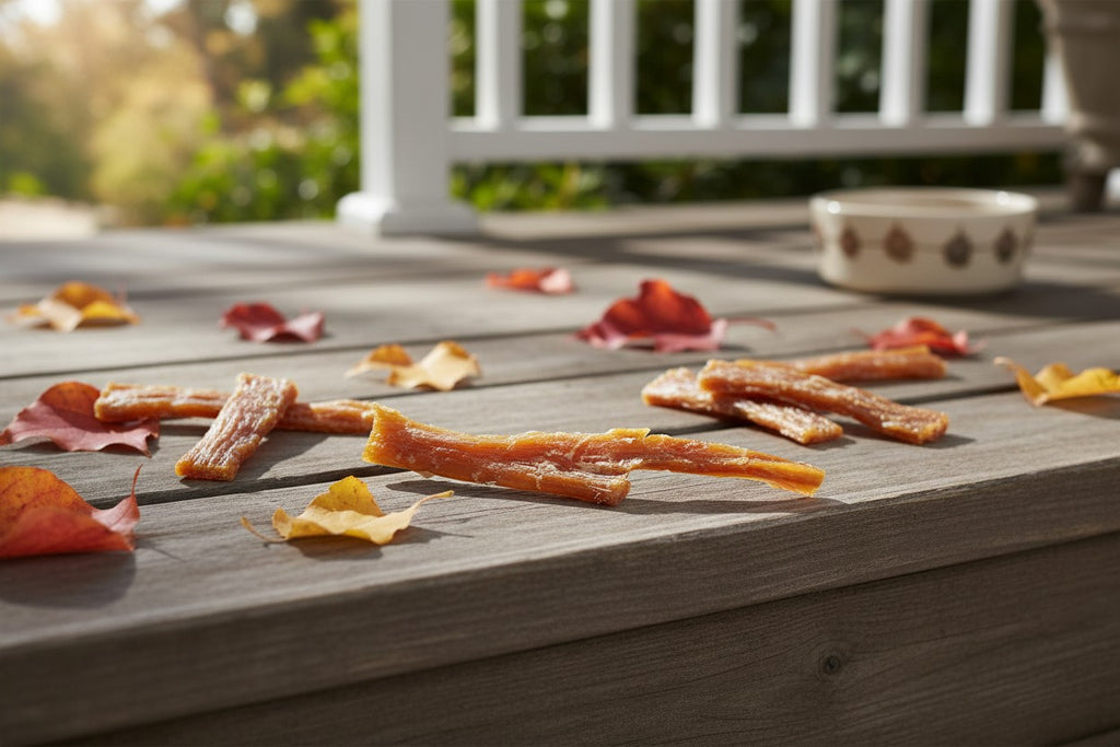 Oh Canada Gifts natural 8-12 inch beef tendon dog chew on a wooden deck with autumn leaves