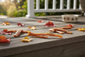 Oh Canada Gifts natural 8-12 inch beef tendon dog chew on a wooden deck with autumn leaves