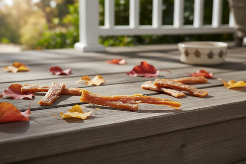 Oh Canada Gifts natural 8-12 inch beef tendon dog chew on a wooden deck with autumn leaves