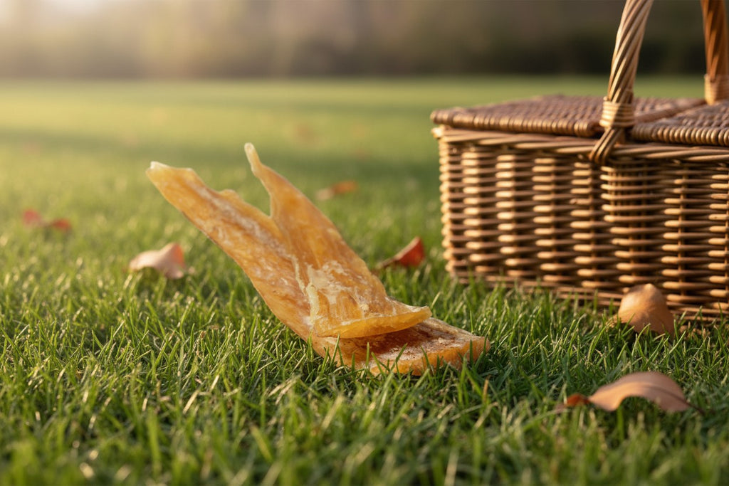 Oh Canada Gifts natural 4-7 inch beef tendon dog chew resting on green grass next to a picnic basket