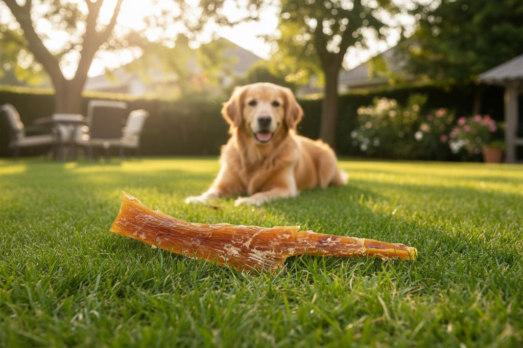 Oh Canada Gifts 8-12 inch natural beef tendon dog chew lying on a green lawn with a golden retriever in the background