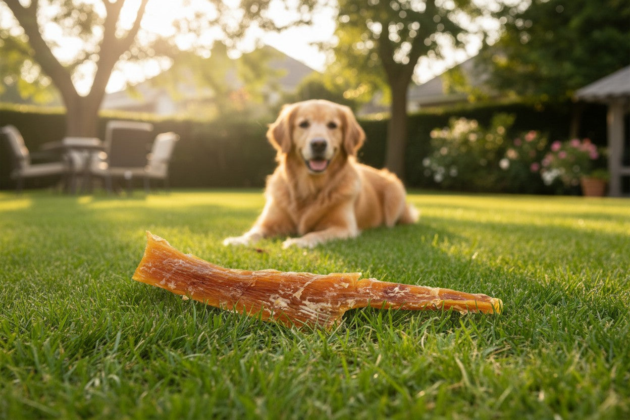 Oh Canada Gifts 8-12 inch natural beef tendon dog chew lying on a green lawn with a golden retriever in the background
