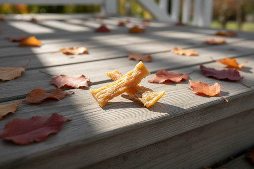 Oh Canada Gifts natural beef tendon dog chew on a wooden deck surrounded by autumn leaves