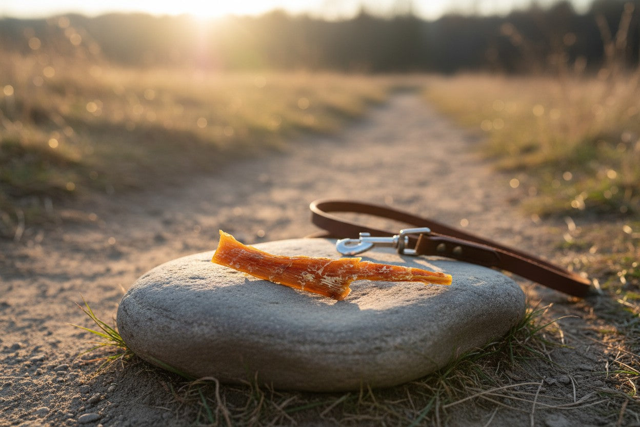 Oh Canada Gifts natural beef tendon dog chew resting on a stone path with a leather leash at sunset