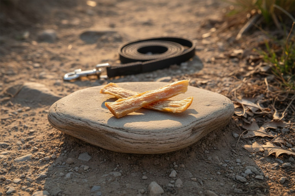 Oh Canada Gifts natural beef tendon dog chew resting on a stone outdoors with a leash in the background