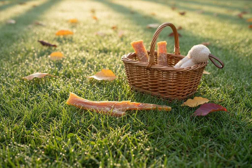 Oh Canada Gifts natural beef tendon dog chew in a wicker basket on a grassy lawn with autumn leaves