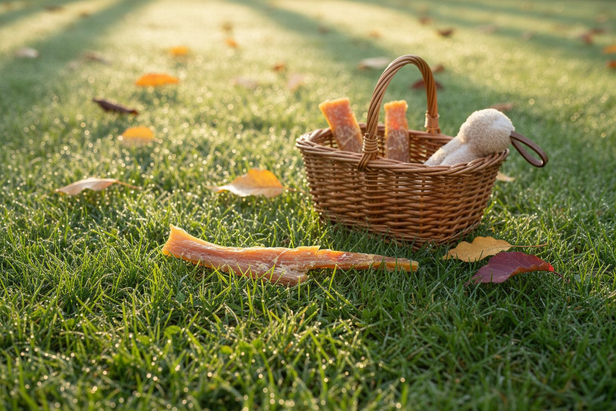 Oh Canada Gifts natural beef tendon dog chew in a wicker basket on a grassy lawn with autumn leaves